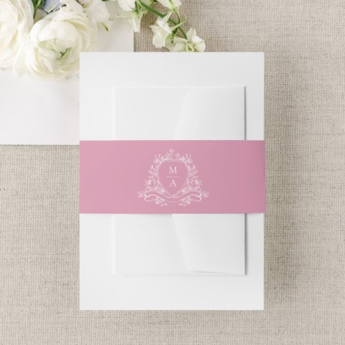 Elegant Floral Crest Rose Pink Monogram Wedding Invitation Belly Band