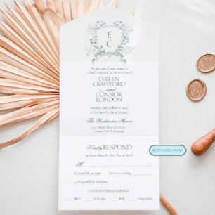 Elegant Floral Crest RSVP Entree Choice Wedding All In One Invitation