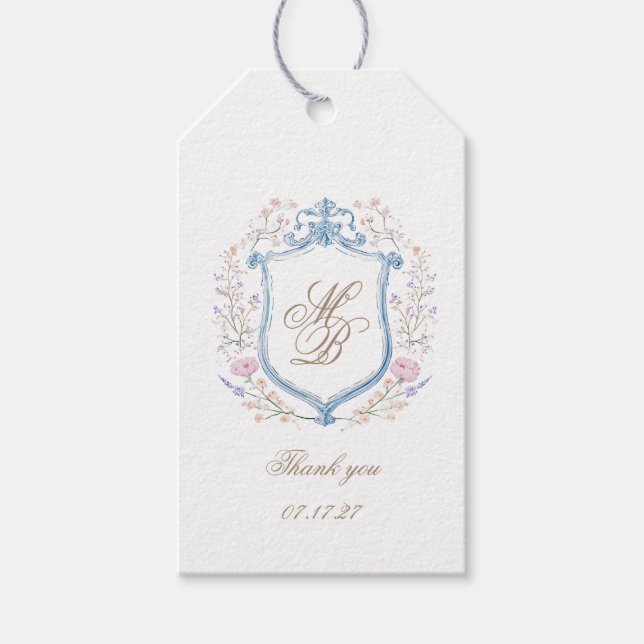 Elegant Floral Crest Wedding Gift Tags (Front)