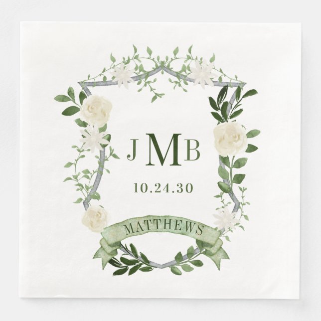 Elegant Floral Crest Wedding Paper Dinner Napkins (Front)