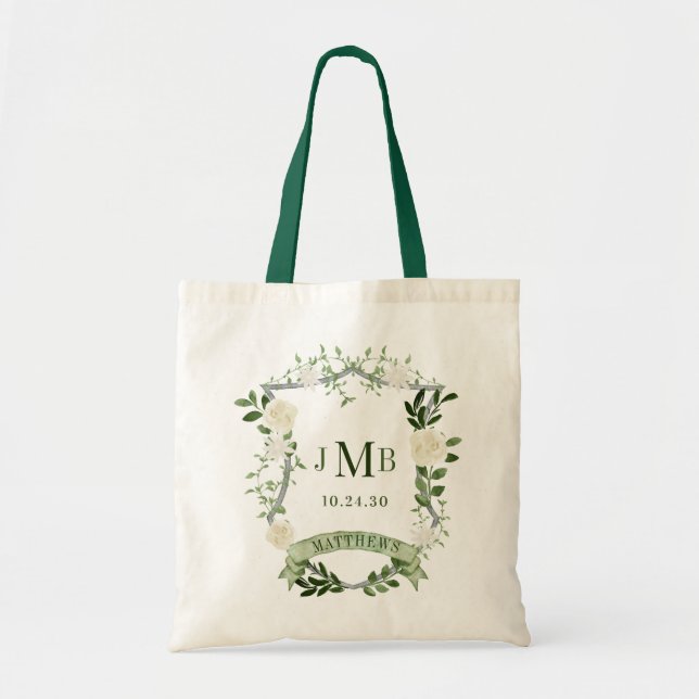 Elegant Floral Crest Wedding Tote Bag (Front)