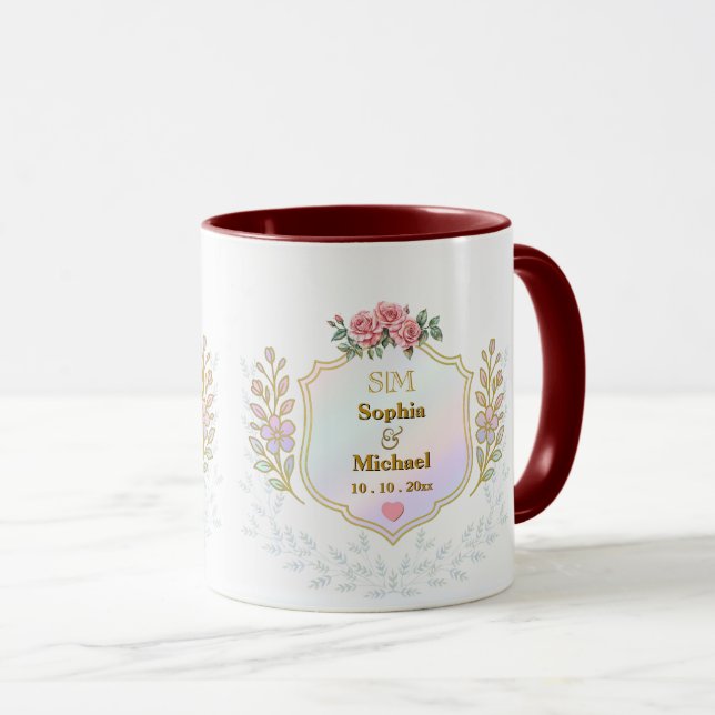 Elegant Floral Crest with Gold Initials Monogram Mug (Front Right)
