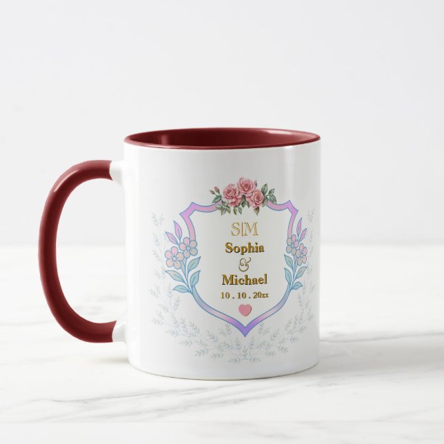 Elegant Floral Crest with Gold Initials Monogram Mug (Left)
