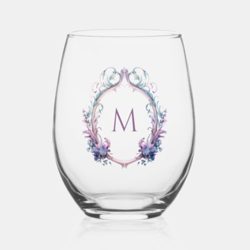 Elegant Floral Crest with Your Monogram Initial Stemless Wine Glass