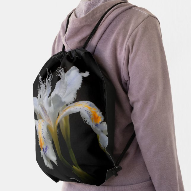 Elegant Floral Crested Iris Japonica on Black Drawstring Bag (Insitu)