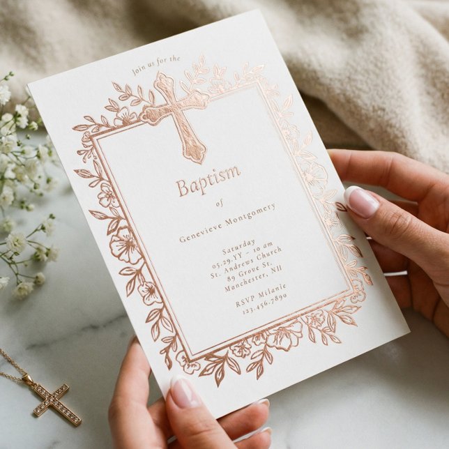 Elegant Floral Cross Baptism Religious Baby Photo Foil Invitation (Elegant Floral Cross Baptism Religious Baby Photo Foil Invitation)