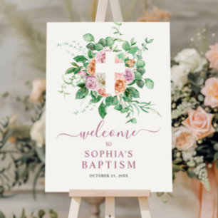 Elegant Floral Cross Baptism Welcome Sign