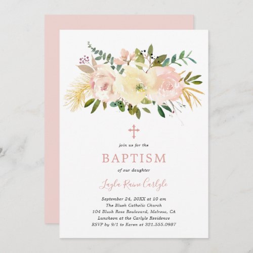 Elegant Floral Cross Blush Pink Baby Girl Baptism Invitation