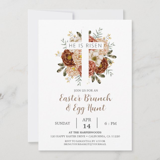 Elegant floral Cross Christian Easter Brunch Invitation (Front)