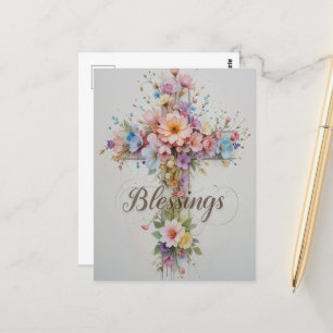 Elegant Floral Cross Easter Blessings Postcard