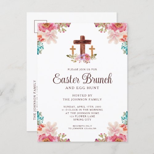 Elegant Floral Cross Easter Brunch Invitation Postcard