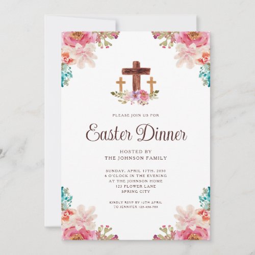 Elegant Floral Cross Easter Dinner Invitation