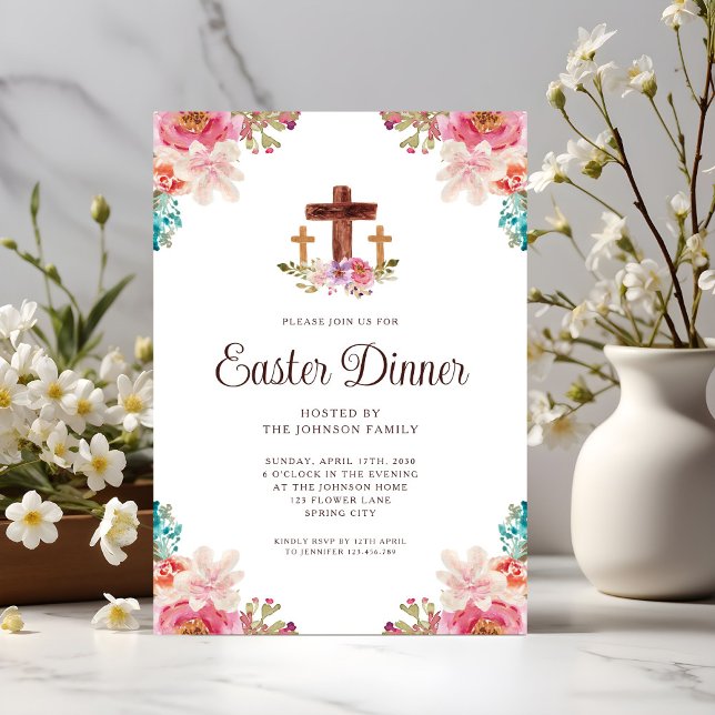 Elegant Floral Cross Easter Dinner Invitation (Elegant Floral Cross Easter Dinner Invitation)