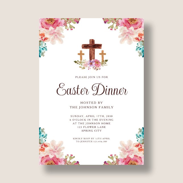 Elegant Floral Cross Easter Dinner Invitation (Elegant Floral Cross Easter Dinner Invitation)