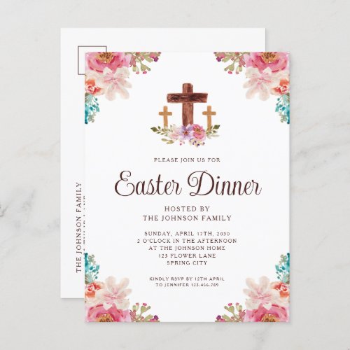 Elegant Floral Cross Easter Dinner  Invitation Postcard