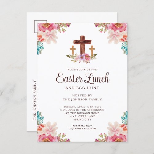 Elegant Floral Cross Easter Lunch Invitation Postcard