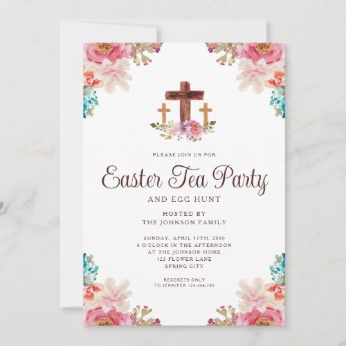 Elegant Floral Cross Easter Tea Party Invitation