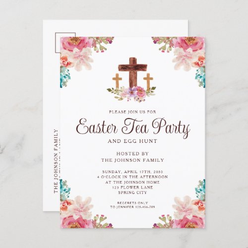 Elegant Floral Cross Easter Tea Party Invitation Postcard