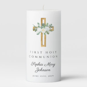 Elegant Floral Cross First Communion  Pillar Candle