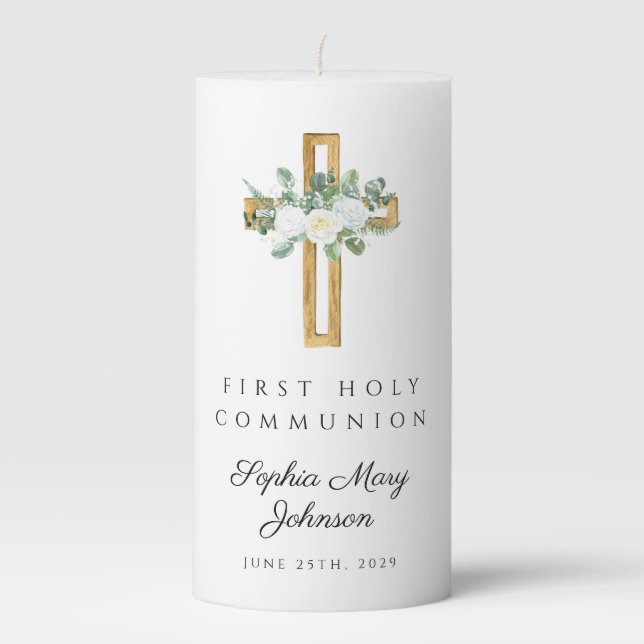 Elegant Floral Cross First Communion  Pillar Candle (Front)