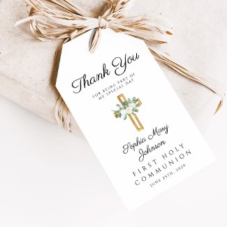 Elegant Floral Cross First Communion Thank You