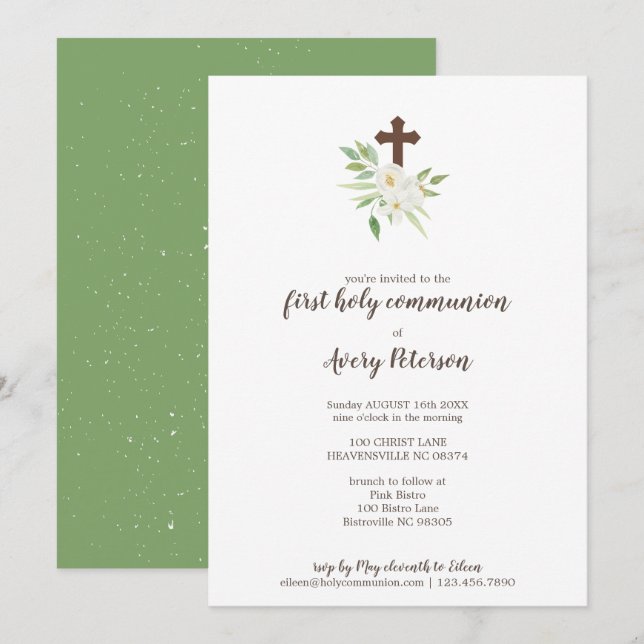Elegant Floral Cross First Holy Communion Invitation (Front/Back)