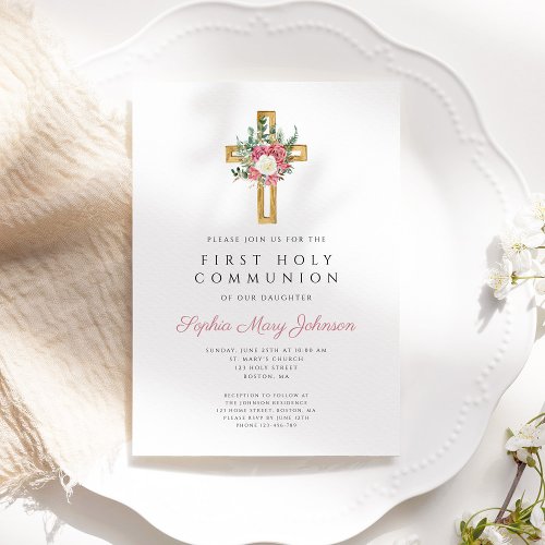 Elegant Floral Cross First Holy Communion  Invitation