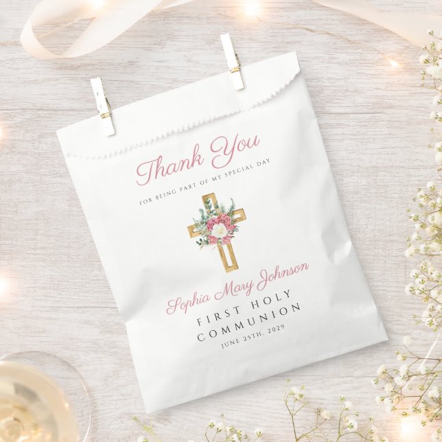 Elegant Floral Cross Girl First Communion  Favor Bag (Clipped)