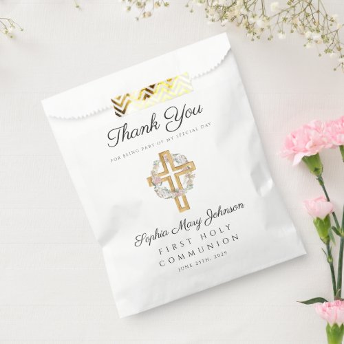 Elegant Floral Cross Girl First Communion Favor Bag