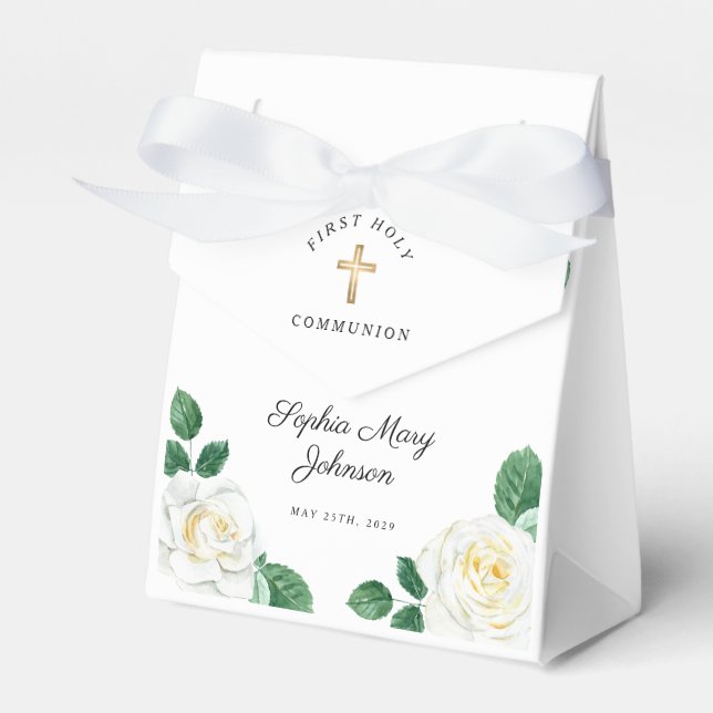 Elegant Floral Cross Girl First Communion Favor Boxes (Front Side)