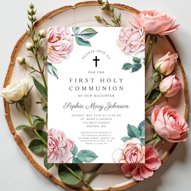 Elegant Floral Cross Girl First Communion Invitation (Elegant Floral Cross Girl First Communion Invitation Digital Download)