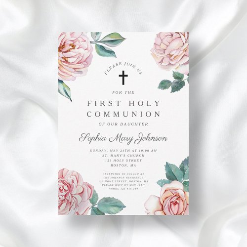 Elegant Floral Cross Girl First Communion Invitation