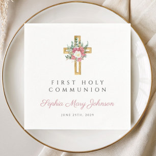 Elegant Floral Cross Girl First Communion Napkins