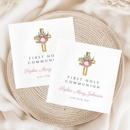 Elegant Floral Cross Girl First Communion