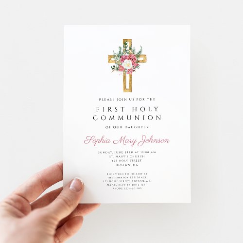 Elegant Floral Cross Girl First Communion Photo Invitation