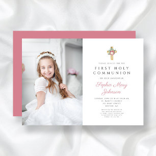 Elegant Floral Cross Girl First Communion Photo Invitation