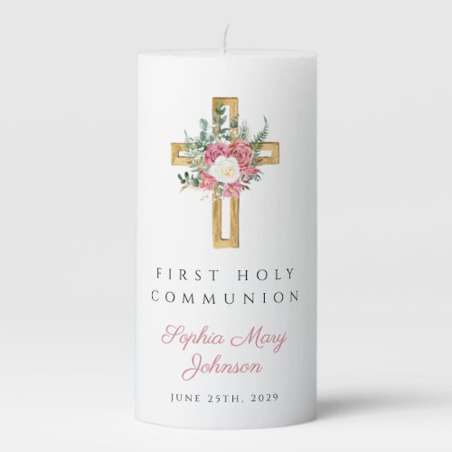 Elegant Floral Cross Girl First Communion  Pillar Candle