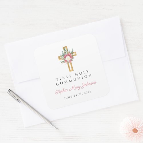 Elegant Floral Cross Girl First Communion Square Sticker