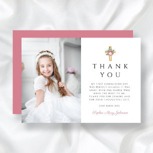 Elegant Floral Cross Girl First Communion Thank You Card
