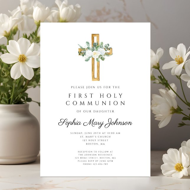 Elegant Floral Cross Girl First Holy Communion Invitation (Elegant Floral Peonies Girl First Communion Invitation)