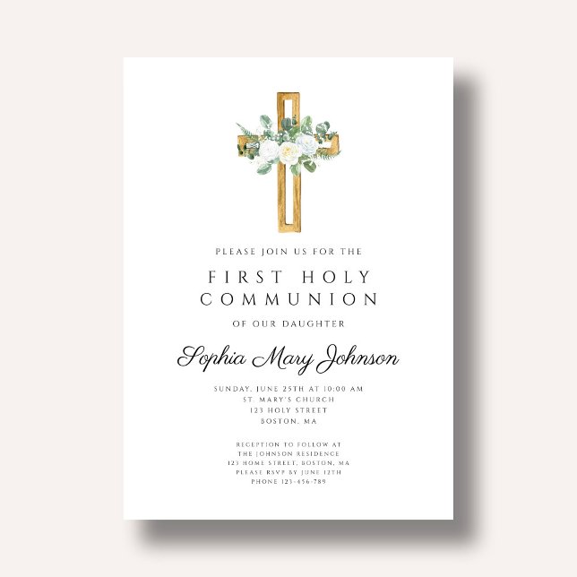 Elegant Floral Cross Girl First Holy Communion Invitation (Elegant Floral Cross Girl First Holy Communion Invitation)