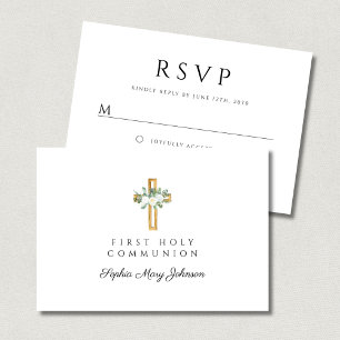 Elegant Floral Cross Girl First Holy Communion RSVP Card