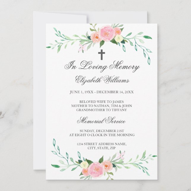 Elegant Floral Cross Memorial Service Invitation (Front)
