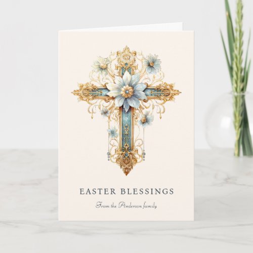 Elegant Floral Cross Religious Easter Blessings Holiday Card