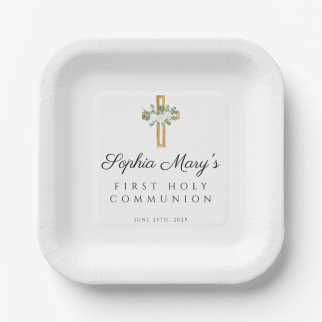 Elegant Floral Cross White First Communion Paper Plates (Front)