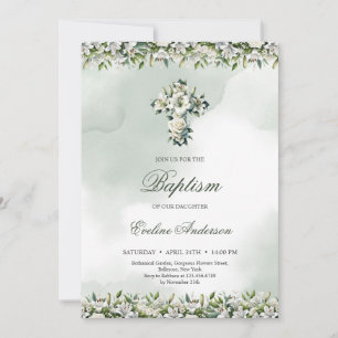 Elegant floral cross white lilies & roses Baptism Invitation