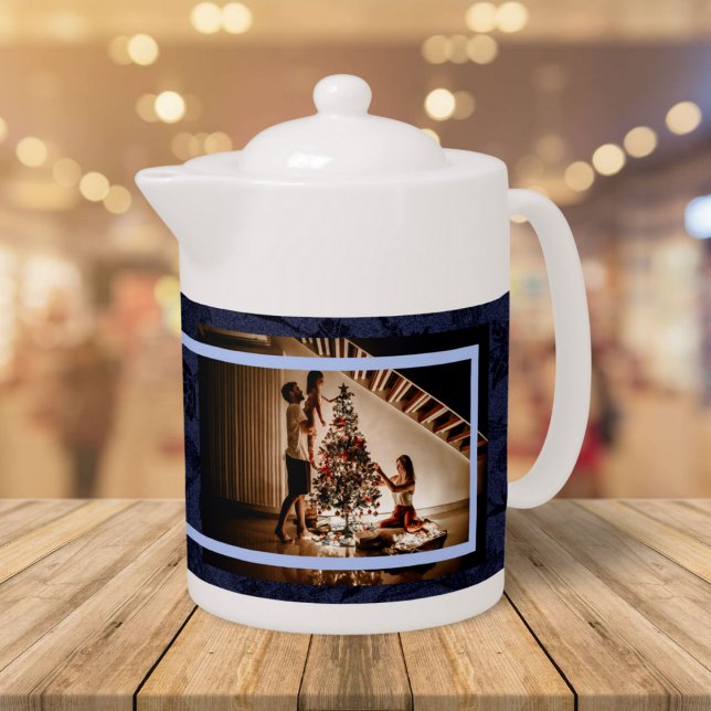 Elegant Floral Custom Family Photo Text Blue Teapot (Creator Uploaded)