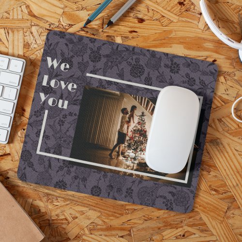 Elegant Floral Custom Family Photo Text Gray Mouse Pad