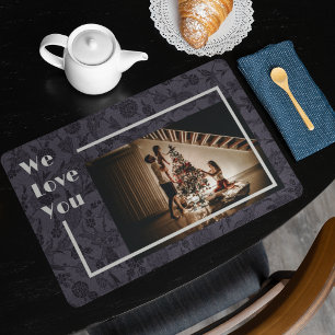 Elegant Floral Custom Family Photo Text Gray Placemat