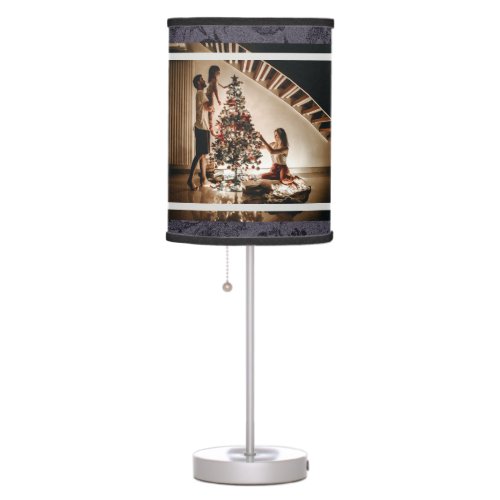 Elegant Floral Custom Family Photo Text Gray Table Lamp